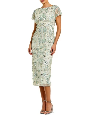 Cocktail Embellished Mesh Cap-Sleeve Midi-Dress
