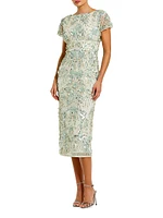 Cocktail Embellished Mesh Cap-Sleeve Midi-Dress