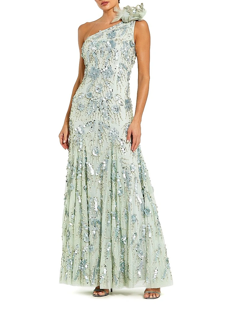 Evening Embellished Mesh One-Shoulder Trumpet Gown