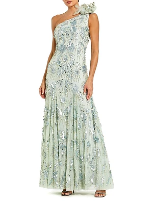 Evening Embellished Mesh One-Shoulder Trumpet Gown