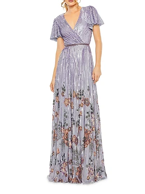 Evening Floral Sequin V-Neck Gown