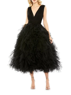 Cocktail Tulle Ruffled V-Neck Midi-Dress