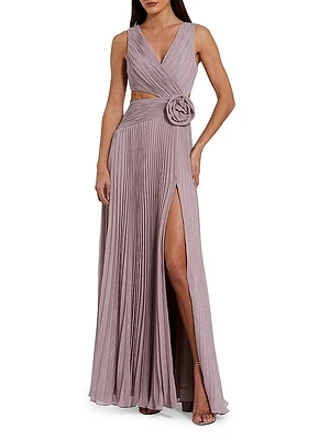 Ieena Rosette Pleated Chiffon V-Neck Gown