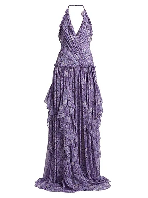 Agatha Floral Ruffled Chiffon Halterneck Gown