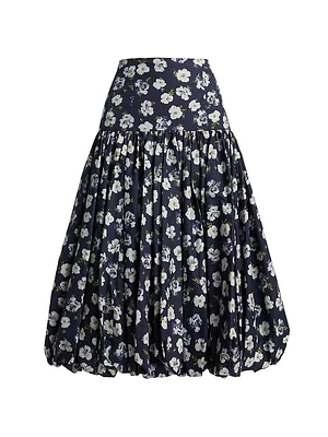 Ellah Floral Cotton-Poplin Bubble-Hem Midi-Skirt