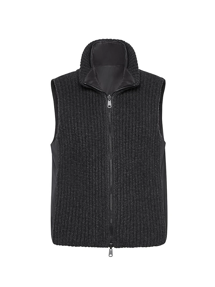 Cashmere Feather Yarn Reversible Knit Down Vest with Monili