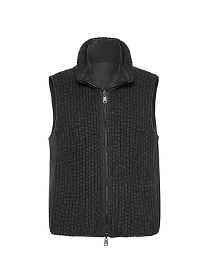 Cashmere Feather Yarn Reversible Knit Down Vest with Monili