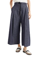 No Fade Denim Wide Pleated Trousers with Monili