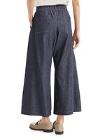 No Fade Denim Wide Pleated Trousers with Monili