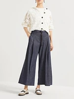 No Fade Denim Wide Pleated Trousers with Monili