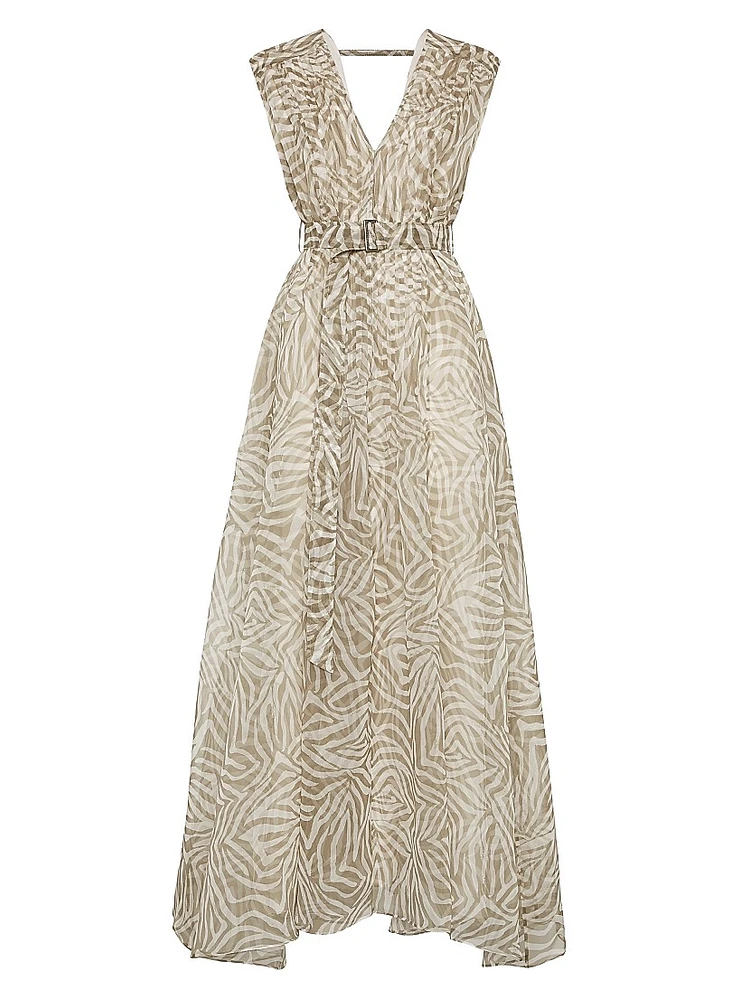 Silk Ethnic Print Organza Belted Dress