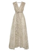 Silk Ethnic Print Organza Belted Dress