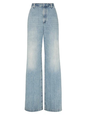 Soft Denim Low Slung Trousers with Adjustable Waist and Monili