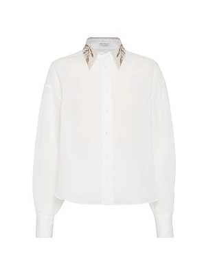 Cotton Organza Shirt with Glistening Herbarium Embroidery Collar