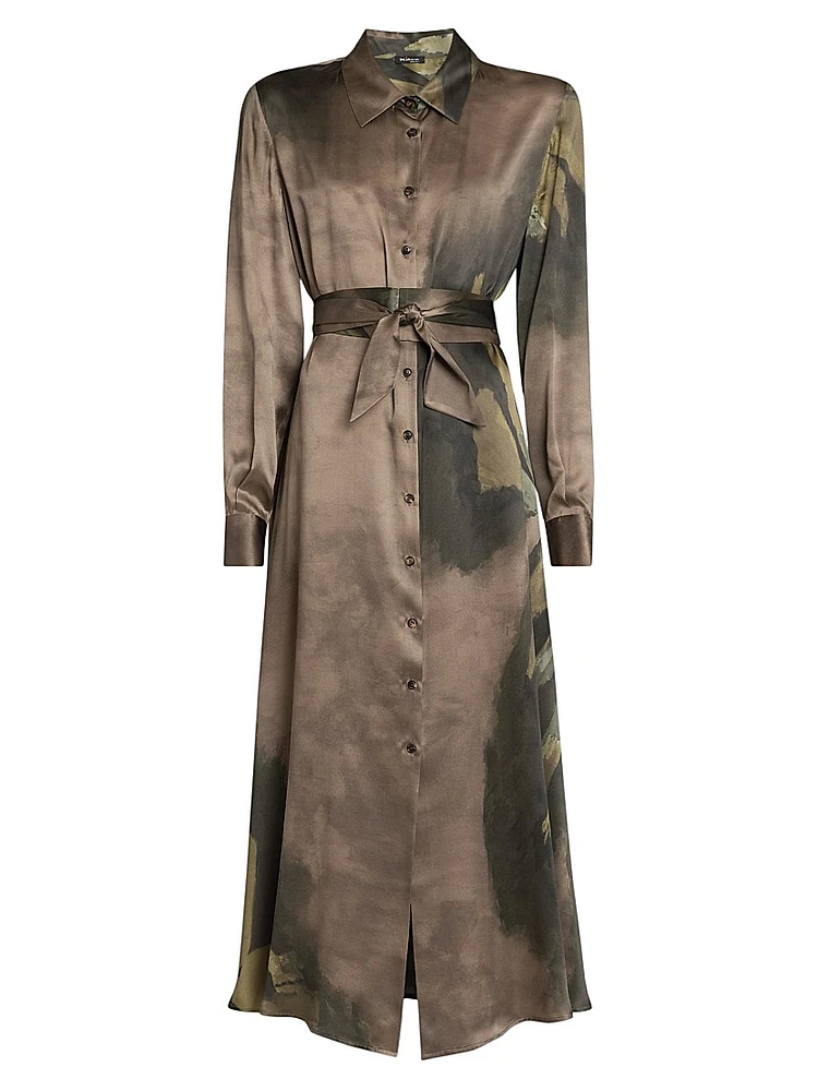 Floral Silk Tie-Waist Midi-Shirtdress