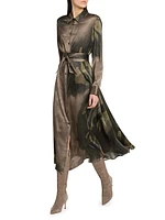 Floral Silk Tie-Waist Midi-Shirtdress
