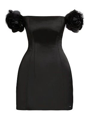 E.F. Floral-Appliquéd Satin Duchesse Bustier Minidress