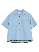 Denim Bowling Shirt with Floral Print Trim