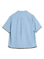 Denim Bowling Shirt with Floral Print Trim