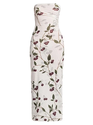 Cherry Ruched Strapless Maxi Dress