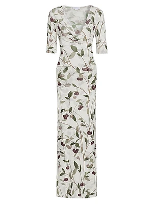 Cherry Print V-Neck Body-Con Gown