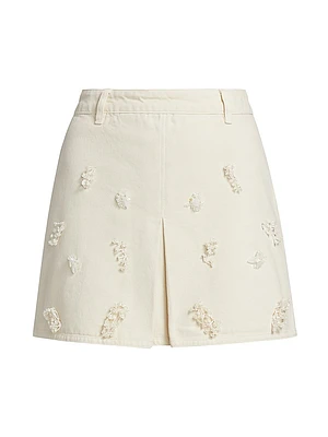 Floral Beaded Cotton Denim Miniskirt