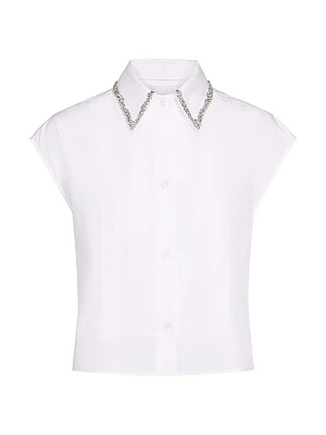 Beaded Collar Cotton Cap-Sleeve Shirt