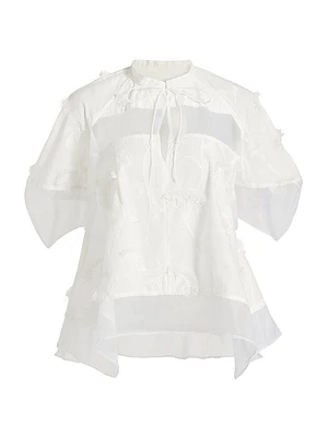 Embroidered Cotton Voile & Chiffon Flounce Top