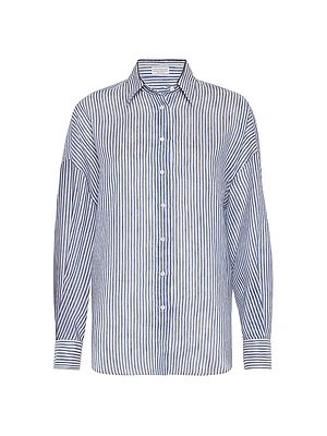 Striped Linen and Silk Organza Shirt with Shiny Collar Detail