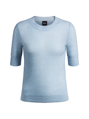 Cropped-Sleeve Knitted Sweater Textured Wool