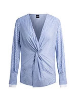 Twist-Front Slim-Fit Blouse Striped Cotton
