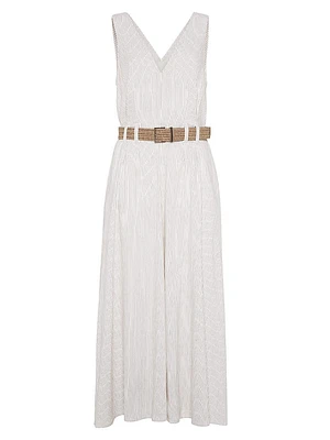 Comfort Linen and Cotton Chalk Stripe Twill Belted Dress with Monili