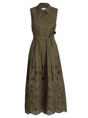 Bailey Embroidered-Cotton Tie-Waist Midi-Dress