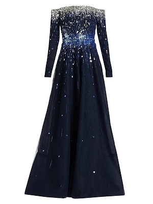 Embellished Off-The-Shoulder Tulle Gown