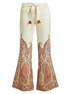 Rhiannon Paisley Linen Tie-Waist Flared Pants