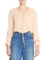 Cropped Silk Lace-Trim Blouse
