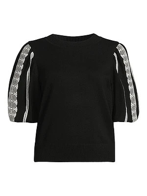 Mixed-Media Lace Puff-Sleeve Top