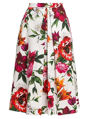 Rafia Fiori Floral Pleated Cotton Poplin Midi-Skirt