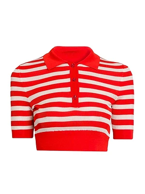 Rafia Fiori Striped Knit Cropped Polo Top