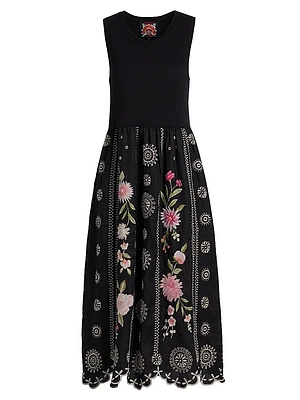 Della Floral-Embroidered Linen Mixed-Media Midi-Dress