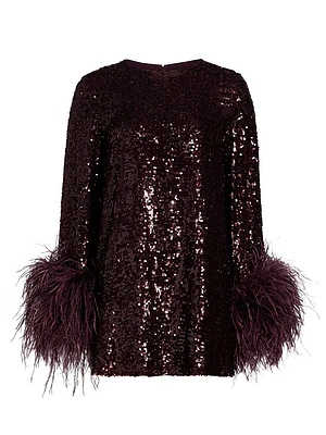 Feather Trim Sequin Long-Sleeve Minidress