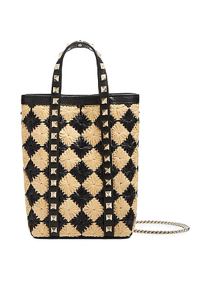 Mini Tote With Synthetic Raffia Embroidered Rockstud Chain