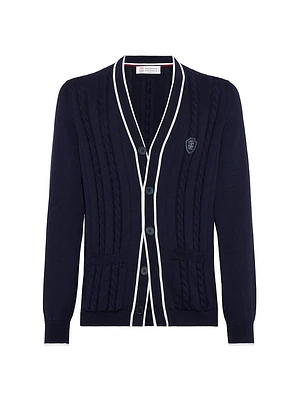 Cotton Cable Knit Cardigan with Logo