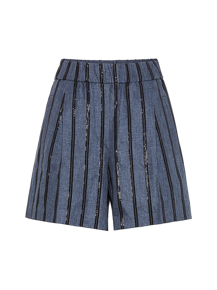 Denim Effect Linen Baggy Shorts with Dazzling Stripe Embroidery