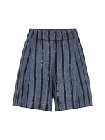 Denim Effect Linen Baggy Shorts with Dazzling Stripe Embroidery