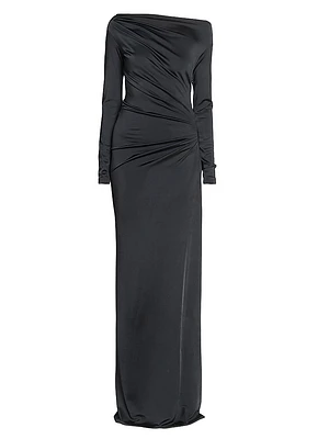 Draped Stretch-Satin Off-The-Shoulder Gown