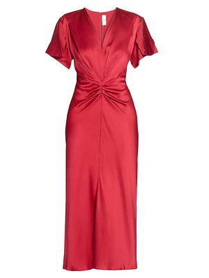 Satin Gathered V-Neck Midi-Dress