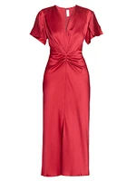 Satin Gathered V-Neck Midi-Dress