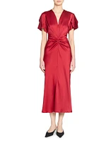 Satin Gathered V-Neck Midi-Dress