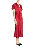 Satin Gathered V-Neck Midi-Dress
